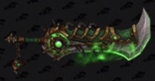 a large sword with a green glowing blade is on a black background .