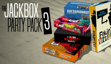 the jackbox party pack 3 is stacked on top of each other on a table