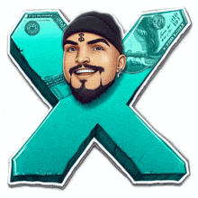 a man with a dollar sign on his forehead is behind an x with a dollar bill on it