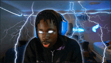 a man wearing headphones is surrounded by lightning and a neon sign that says burton