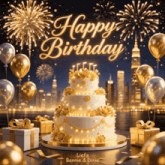a happy birthday greeting card with a cake and balloons