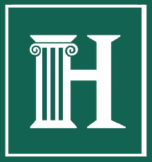 a green background with a white letter h and a column