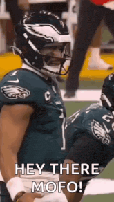 a football player wearing a helmet is standing on a field and talking to another player .