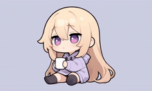 a girl with long blonde hair is sitting on the floor holding a white cup