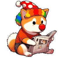 a cartoon dog wearing a clown hat and red nose is reading a newspaper