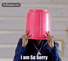 a man is holding a pink bucket on his head .