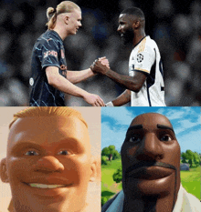 two soccer players shake hands next to a cartoon character