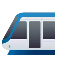 a blue and white train with a door open