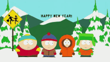 four south park characters standing next to each other with the words happy new year written on the bottom