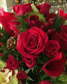 a bouquet of red roses with christmas decorations in the background