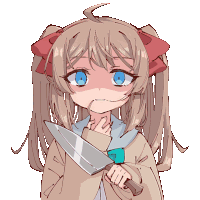 a drawing of a girl with blue eyes holding a knife in her hand