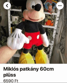 a person is holding a stuffed mickey mouse with gloves on