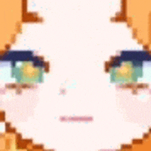 a pixel art of a girl 's face with blue eyes and a sad look on her face .