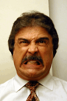 a man with a mustache is making an angry face with his mouth open