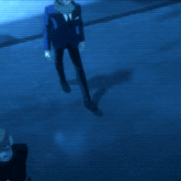 a cartoon character is standing in a dark room with a blue background