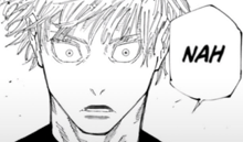 a black and white drawing of a man 's face and a speech bubble that says nah .