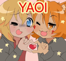 two anime girls are making a heart with their hands and the word yaoi is on the bottom right