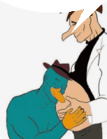 perry the platypus is kissing the belly of a man with a long nose