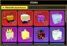 a display of items in a game including leopard fruit dough fruit and magma fruit