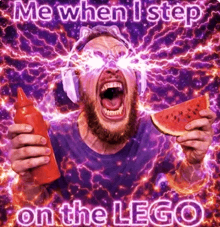 a man with headphones on is holding a bottle of ketchup and a slice of watermelon .