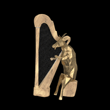 a statue of a goat playing a harp against a black background