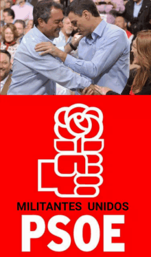 two men are shaking hands in front of a red sign that says psoe