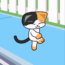 a calico cat is standing on a blue surface with its eyes closed