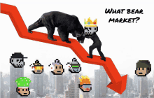 a bear with a crown on its head is standing on a red arrow with the words what bear market written below it