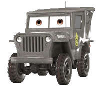 a cartoon jeep with the license plate number 994573