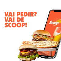 an advertisement for scoop shows a hamburger a pizza and a glass of beer