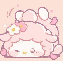 a pink sheep with a flower on its head is laying down .