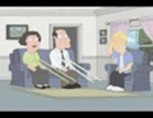 a group of cartoon characters are sitting in a living room with crutches .