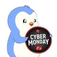 a blue penguin is holding a cyber monday sign