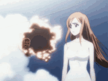 a naked woman stands in front of a man 's head that is exploding