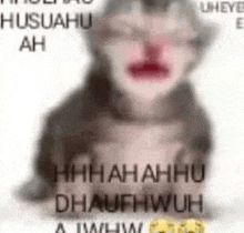 a blurry picture of a cat with a red nose and the words `` huhu ah '' written on it .