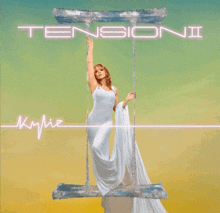 a woman in a white dress is on a swing with the words tension ii written above her