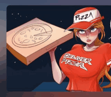 a girl wearing a red shirt that says deliver pizza is holding a pizza box