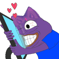 a cartoon of a purple cat holding a tablet with hearts around it