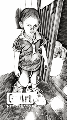 a black and white drawing of a young boy with a g art nft creator logo