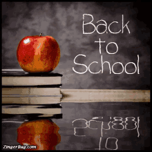 an apple sits on top of a stack of books in front of a chalkboard that says " back to school "