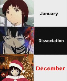 a picture of a girl in a santa hat with the words january dissociation december