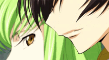 a close up of a person 's face with green hair and brown eyes