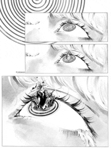 a black and white drawing of a woman 's eye with a spiral in the middle