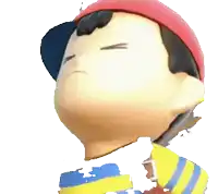 a cartoon character is wearing a red hat and a yellow and blue striped shirt
