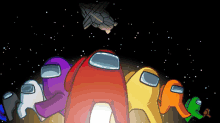 a group of among us characters standing next to each other with a space ship in the background