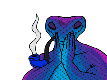 a blue and purple snake is smoking a pipe with smoke coming out of it