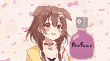 a purple bottle of perfume next to a girl with pigtails