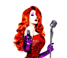 a woman with red hair and purple gloves is holding a gun and singing into a microphone