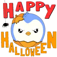 a penguin with a pumpkin on its head and the words happy halloween behind it