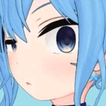a close up of a cartoon girl 's face with blue hair and black eyes .
